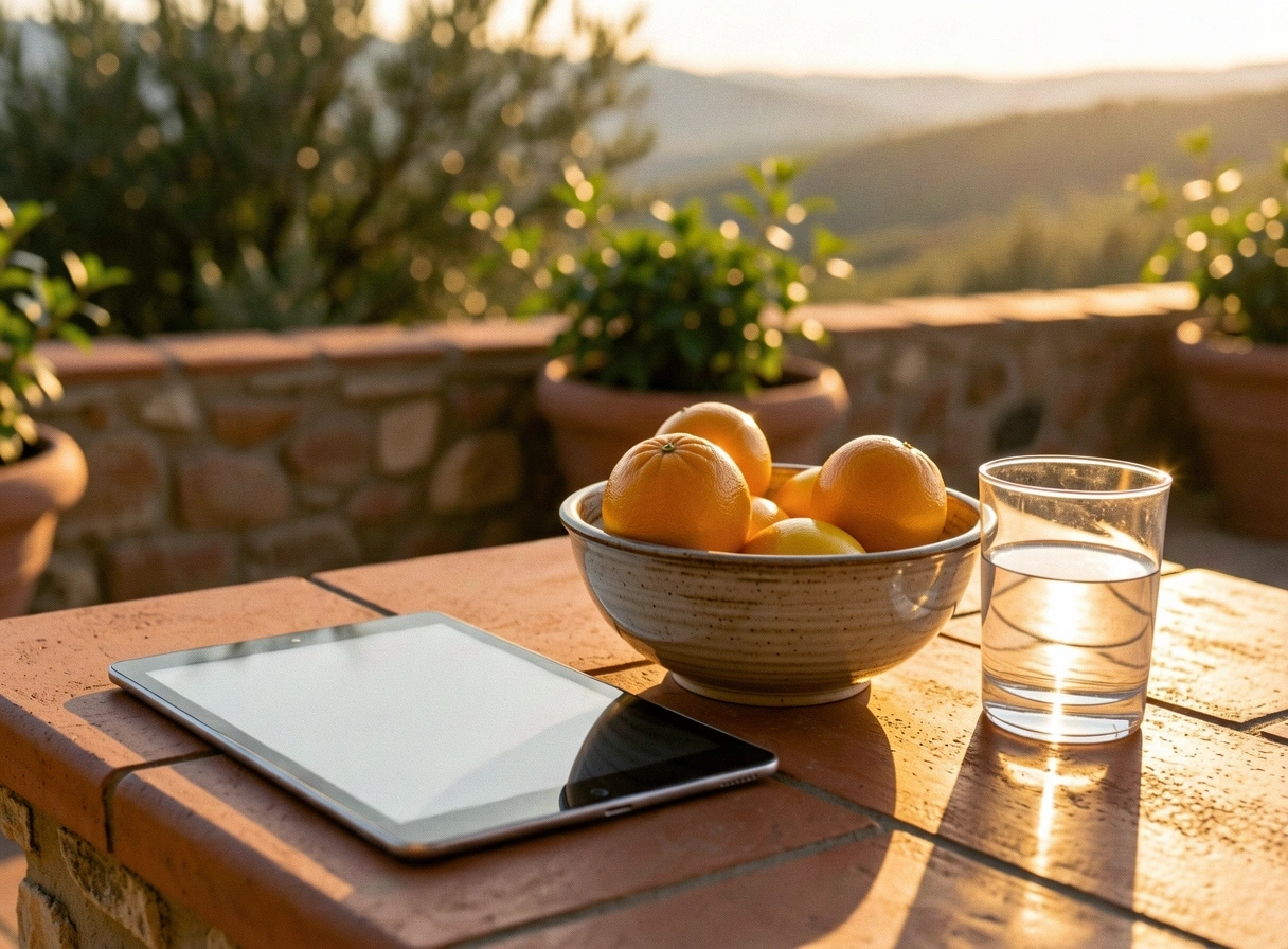Mesa de desayuno mediterránea bañada por el sol